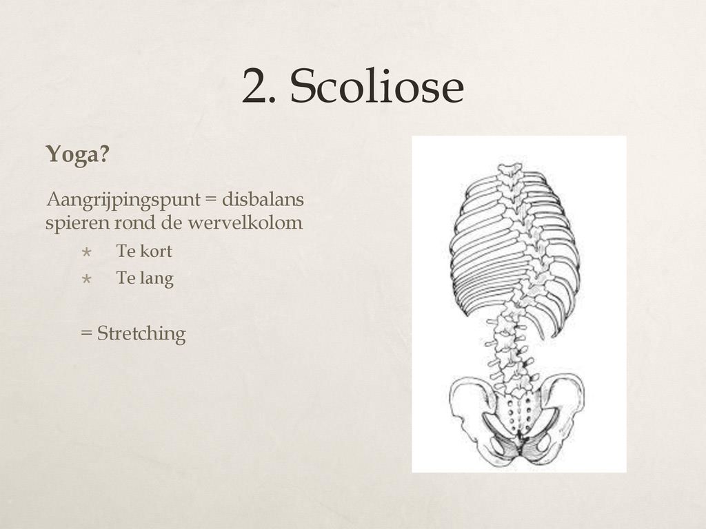 2. Scoliose Yoga. Aangrijpingspunt = disbalans spieren rond de wervelkolom.