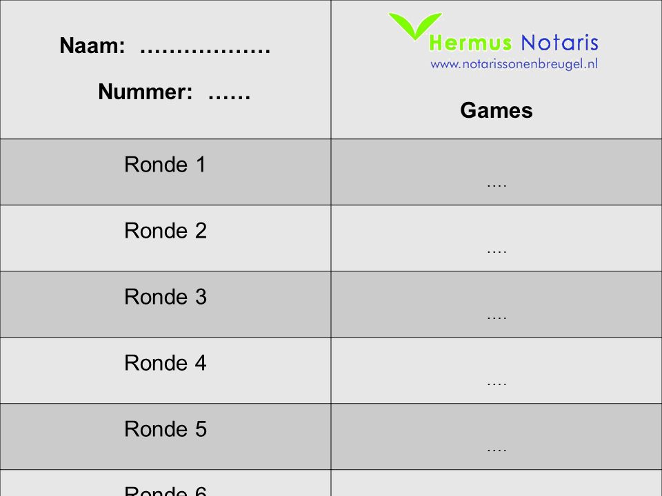 Naam: ……………… Nummer: …… Games Ronde 1 Ronde 2 Ronde 3 Ronde 4 Ronde 5
