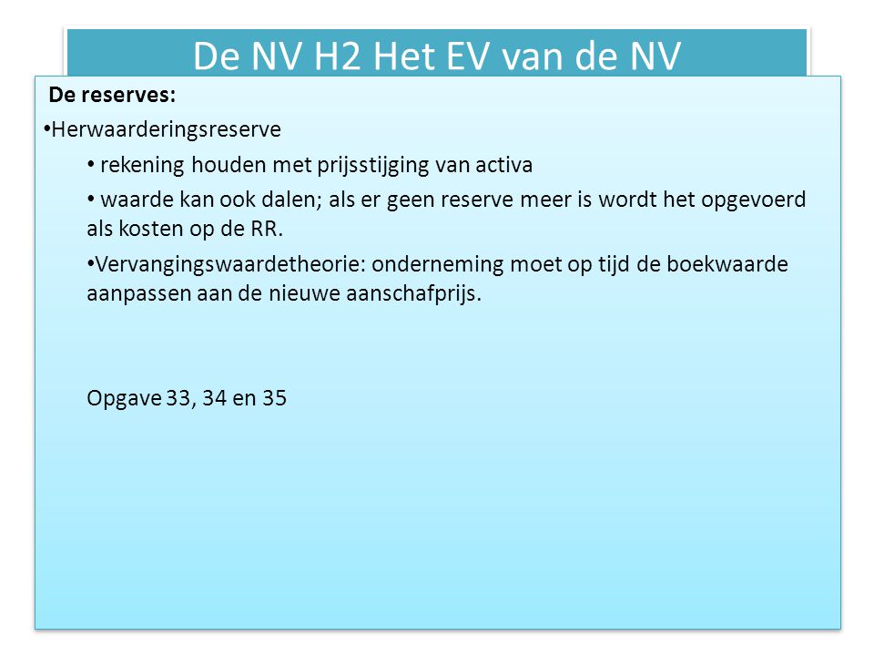 De NV H2 Het EV van de NV De reserves: Herwaarderingsreserve