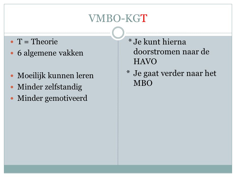 VMBO-KGT T = Theorie. 6 algemene vakken. Moeilijk kunnen leren. Minder zelfstandig. Minder gemotiveerd.