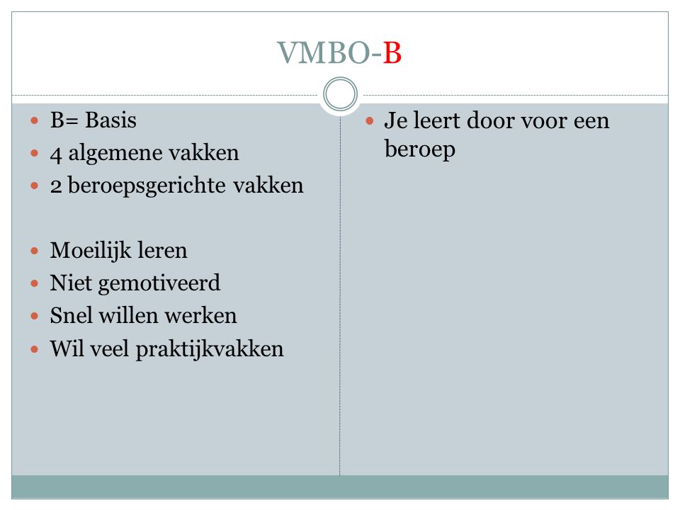 VMBO-B Je leert door voor een beroep B= Basis 4 algemene vakken