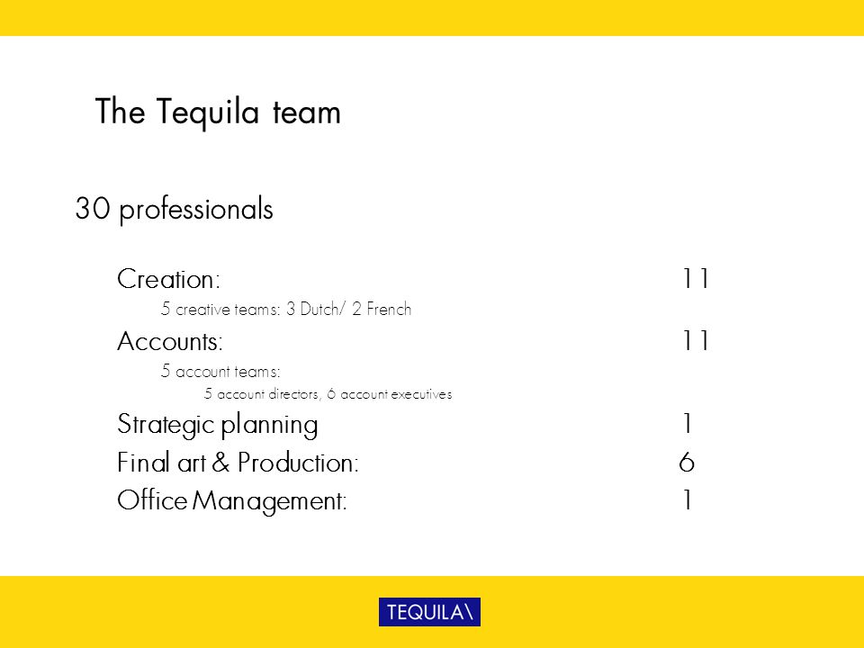 The Tequila team 30 professionals Creation: 11 Accounts: 11