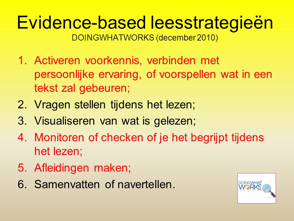 Evidence-based leesstrategieën DOINGWHATWORKS (december 2010)