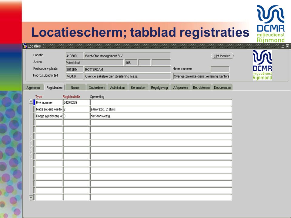 Locatiescherm; tabblad registraties