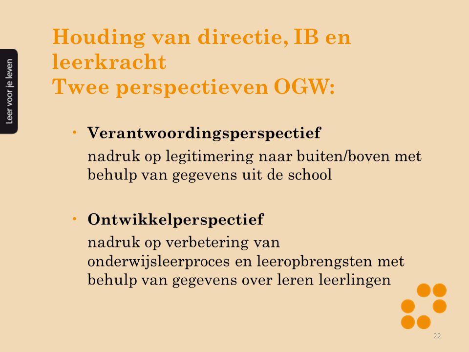 Houding van directie, IB en leerkracht Twee perspectieven OGW: