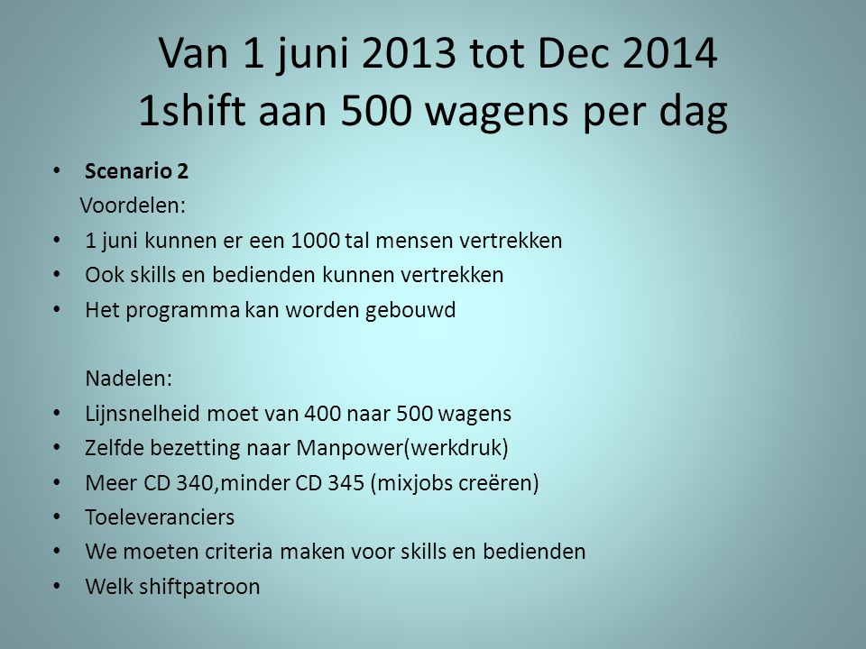 Van 1 juni 2013 tot Dec shift aan 500 wagens per dag
