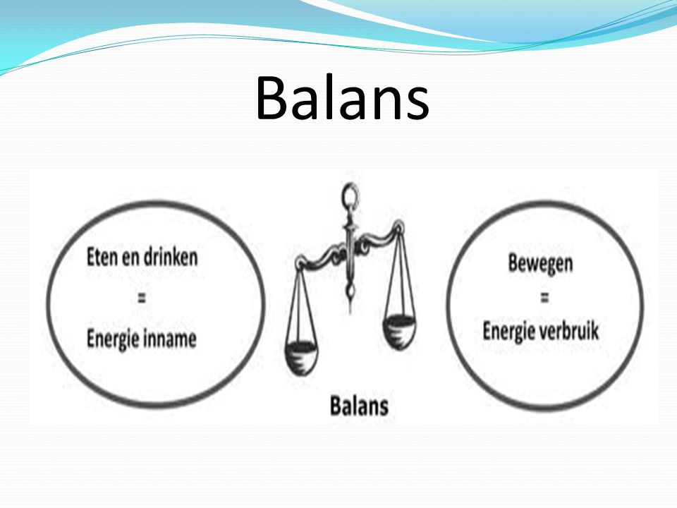 Balans Meer energie innemen dan gebruiken. Energie  lopen, leren, spelen, tv kijken, etc..