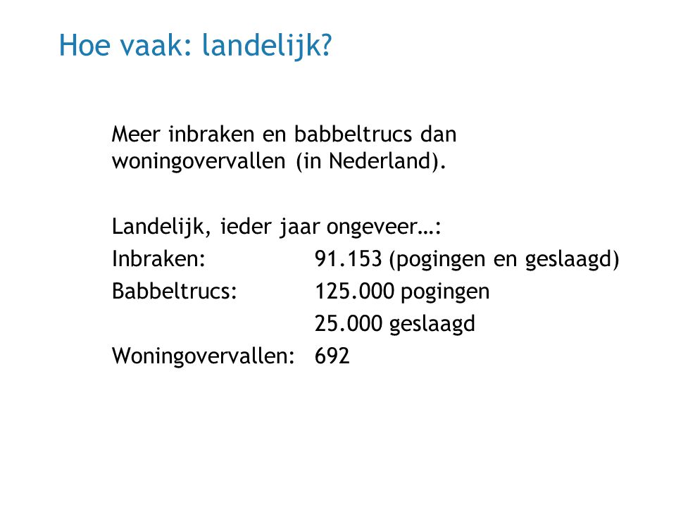 Hoe vaak: landelijk Meer inbraken en babbeltrucs dan woningovervallen (in Nederland). Landelijk, ieder jaar ongeveer…: