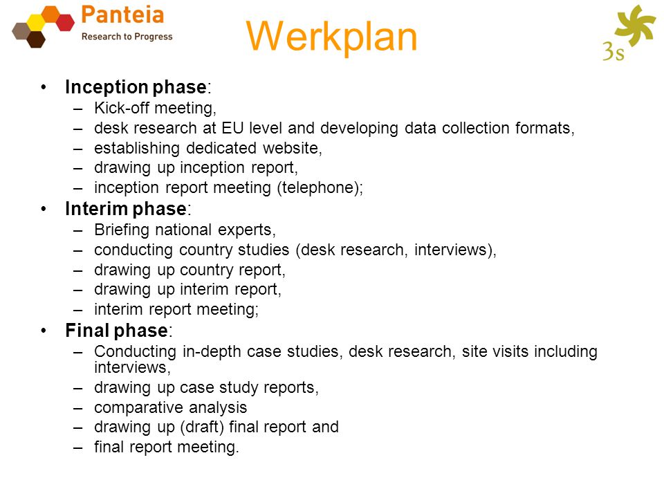 Werkplan Inception phase: Interim phase: Final phase: