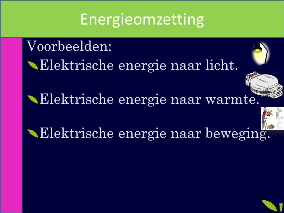 Energieomzetting Voorbeelden: Elektrische energie naar licht.