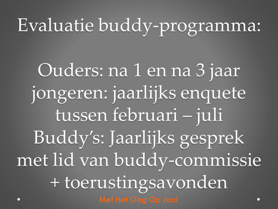 Evaluatie buddy-programma: Ouders: na 1 en na 3 jaar jongeren: jaarlijks enquete tussen februari – juli Buddy’s: Jaarlijks gesprek met lid van buddy-commissie + toerustingsavonden