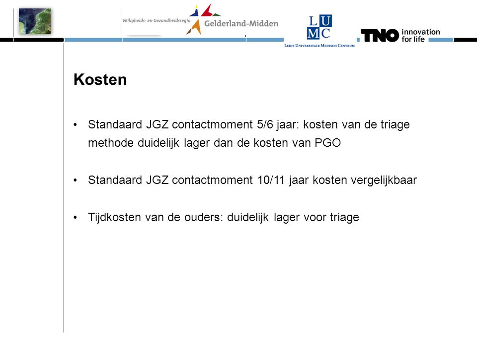 Kosten Standaard JGZ contactmoment 5/6 jaar: kosten van de triage methode duidelijk lager dan de kosten van PGO.