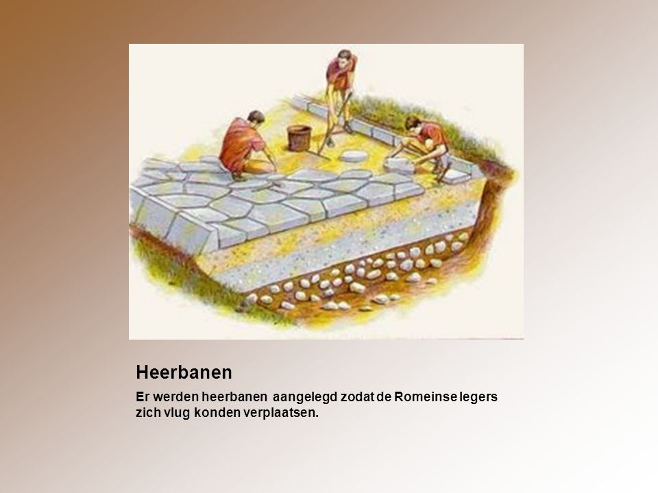 Heerbanen Er werden heerbanen aangelegd zodat de Romeinse legers zich vlug konden verplaatsen.