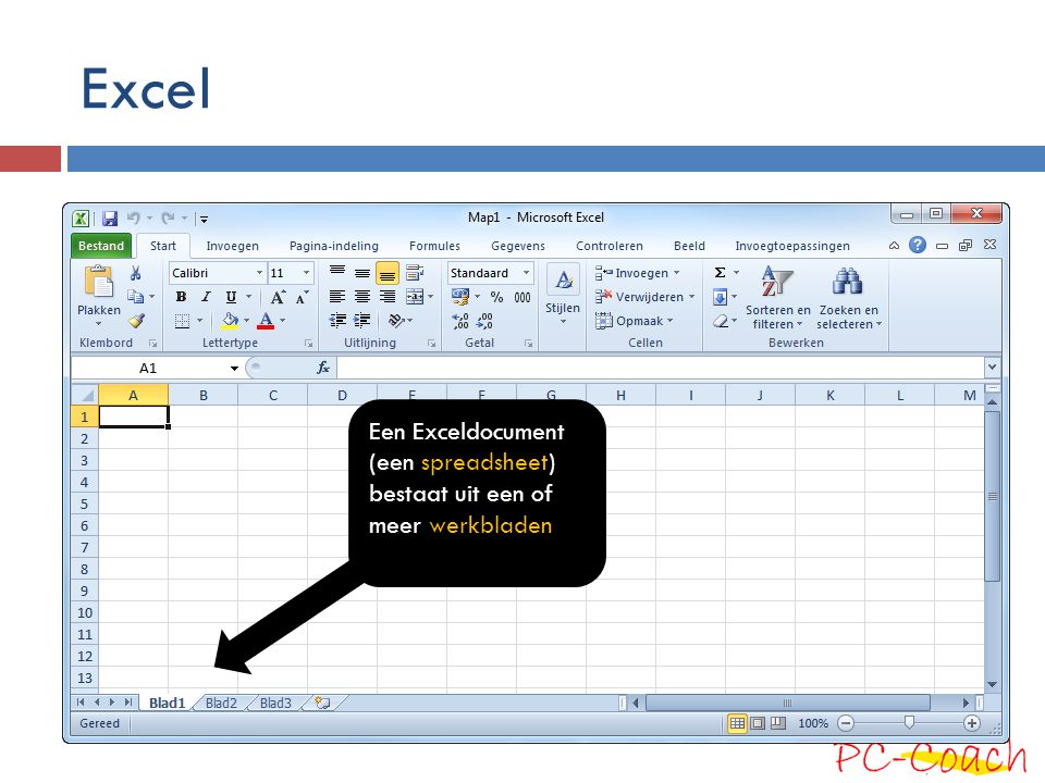 Excel Een Exceldocument (een spreadsheet) bestaat uit een of meer werkbladen