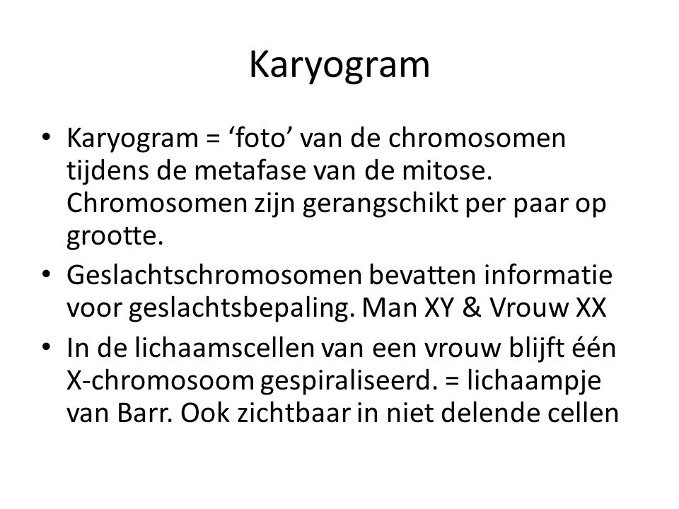 Karyogram Karyogram = ‘foto’ van de chromosomen tijdens de metafase van de mitose. Chromosomen zijn gerangschikt per paar op grootte.