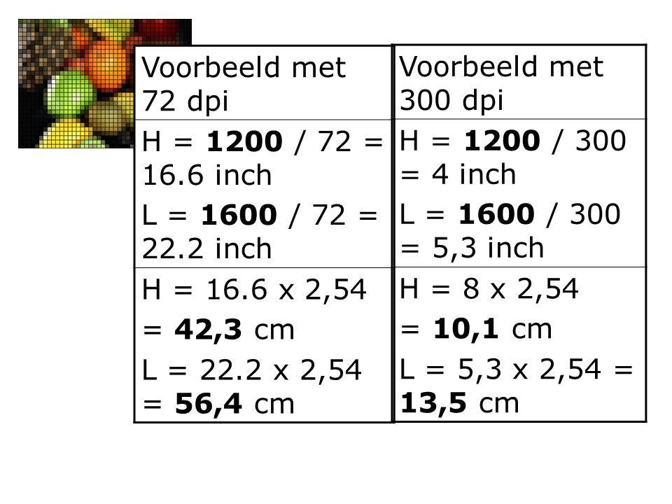 Voorbeeld met 72 dpi H = 1200 / 72 = 16.6 inch. L = 1600 / 72 = 22.2 inch. H = 16.6 x 2,54. = 42,3 cm.