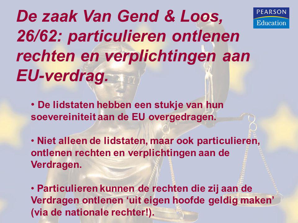 De zaak Van Gend & Loos, 26/62: particulieren ontlenen rechten en verplichtingen aan EU-verdrag.