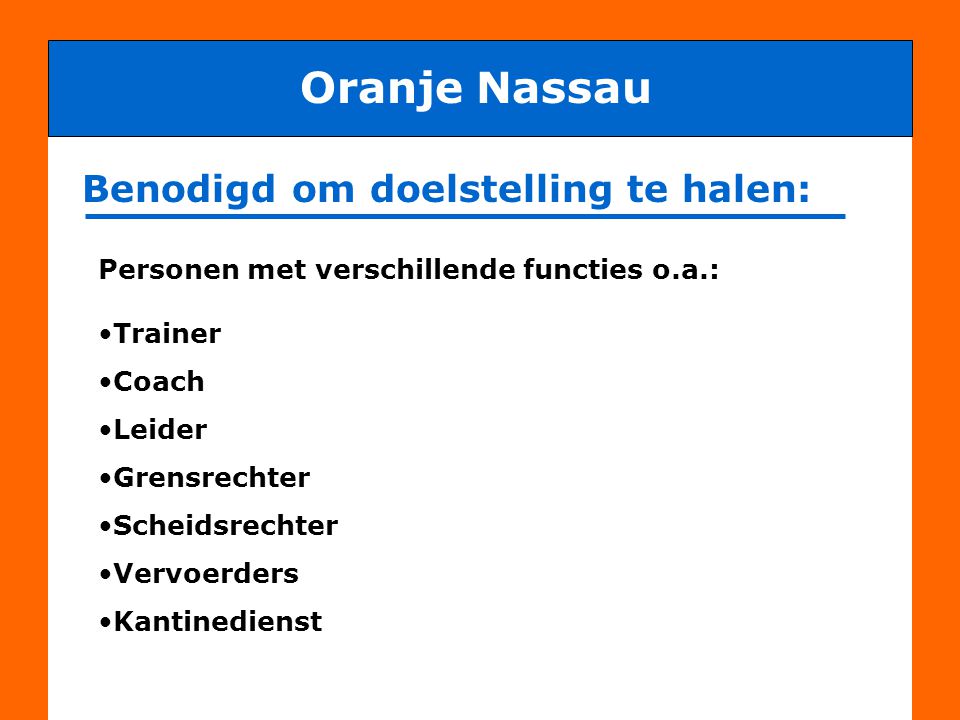 Oranje Nassau Benodigd om doelstelling te halen: