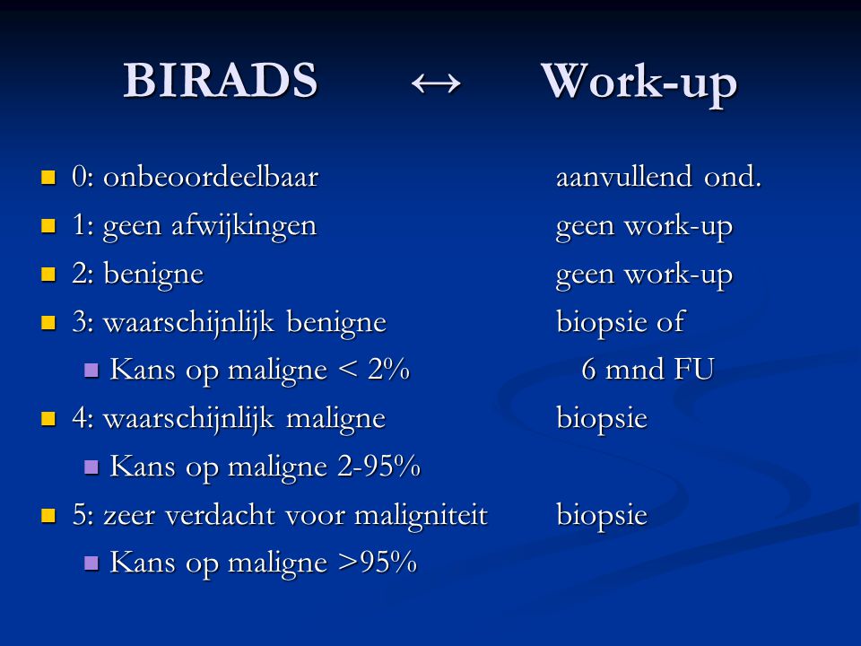 BIRADS ↔ Work-up 0: onbeoordeelbaar aanvullend ond.