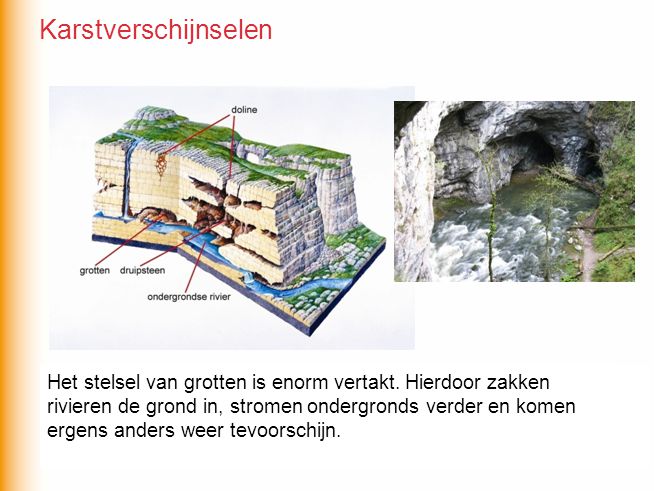 Karstverschijnselen De waterhuishouding van karstgebieden is erg gecompliceerd. Vooral na een regenbui kan het gevaarlijk zijn in de grotten te.