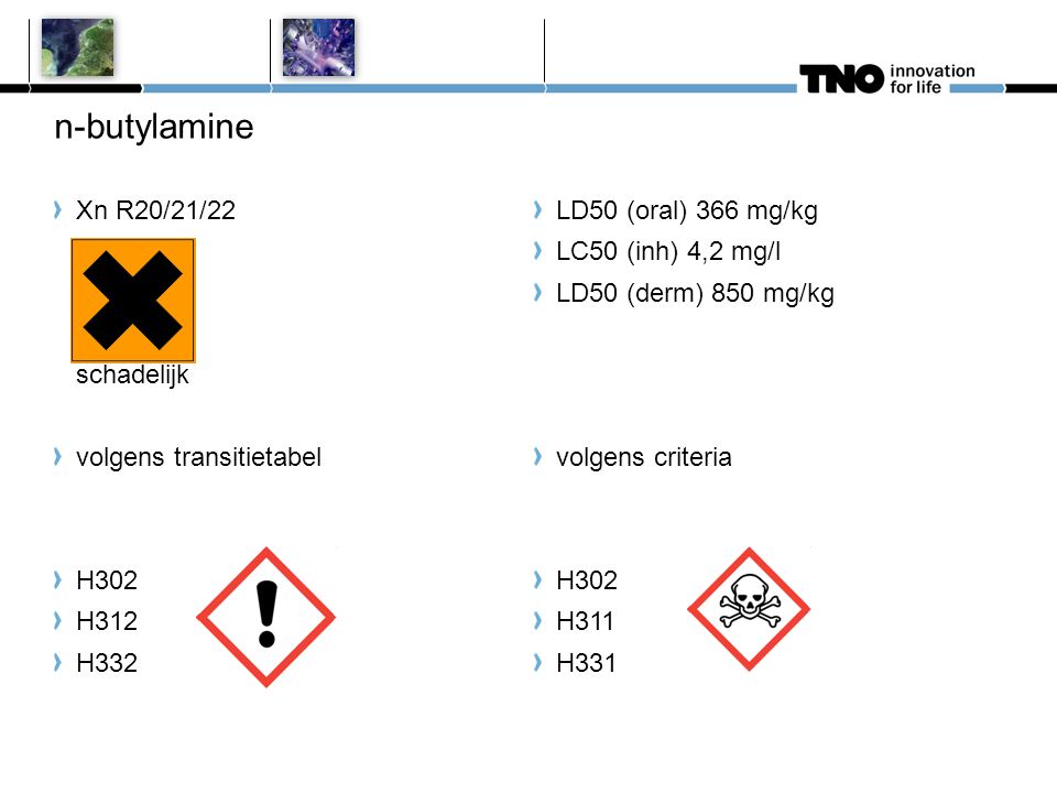 n-butylamine Xn R20/21/22 schadelijk volgens transitietabel H302 H312