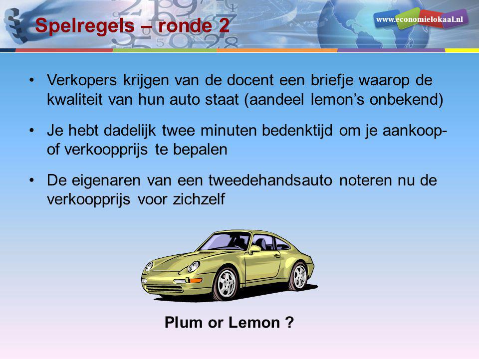 Spelregels – ronde 2 Verkopers krijgen van de docent een briefje waarop de kwaliteit van hun auto staat (aandeel lemon’s onbekend)