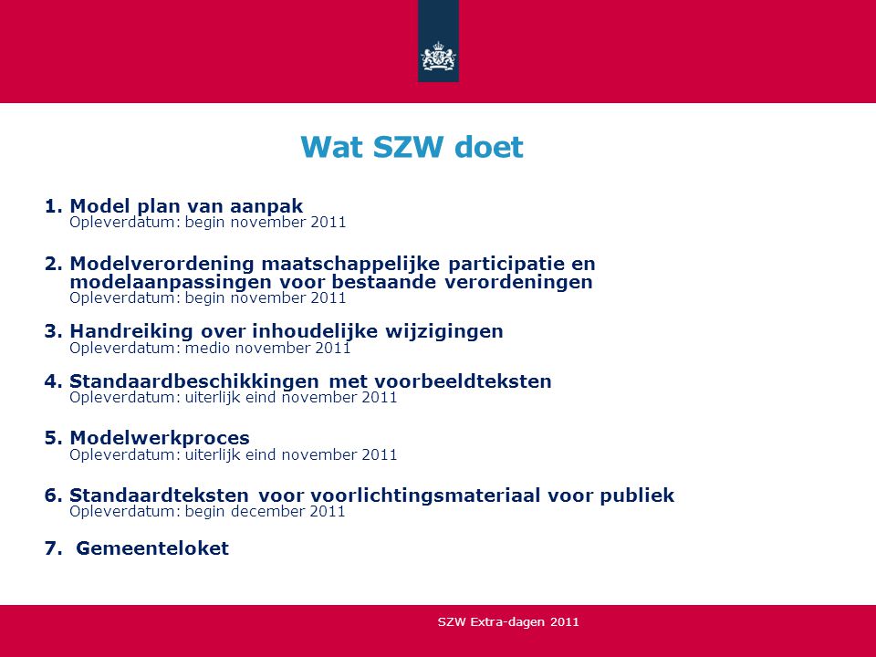 Wat SZW doet Model plan van aanpak Opleverdatum: begin november 2011