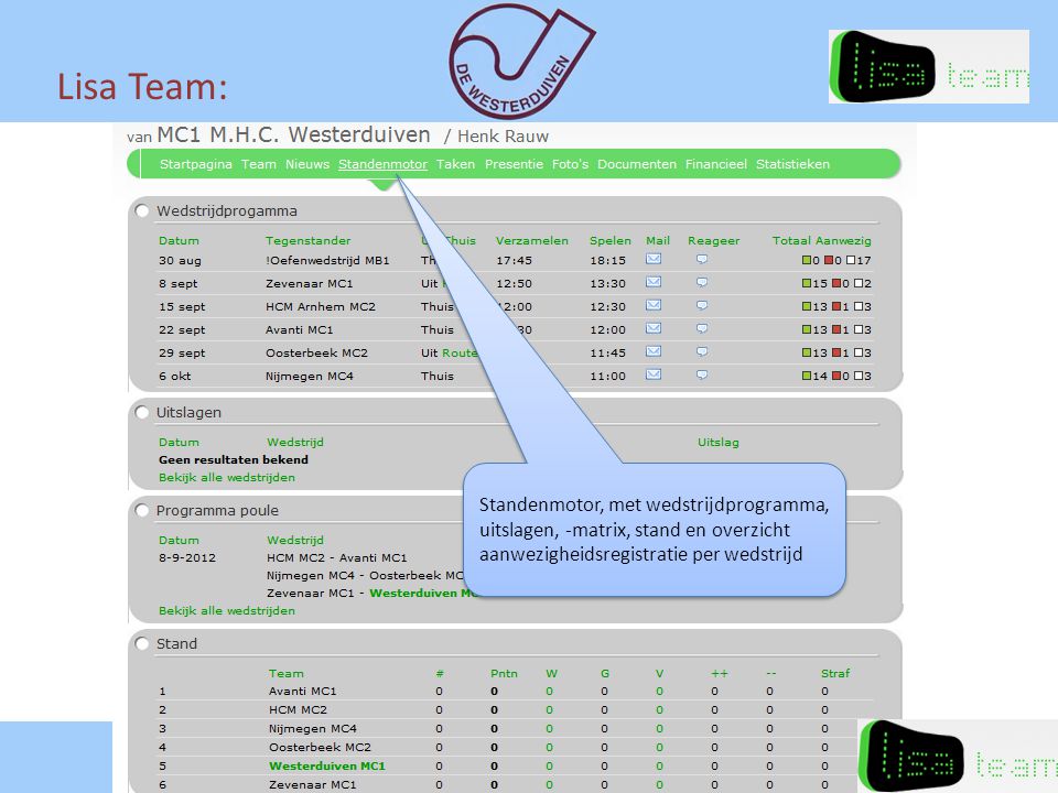 Lisa Team: Standenmotor, met wedstrijdprogramma, uitslagen, -matrix, stand en overzicht aanwezigheidsregistratie per wedstrijd.