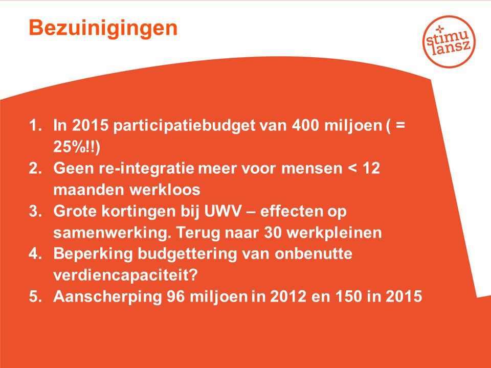 Bezuinigingen In 2015 participatiebudget van 400 miljoen ( = 25%!!)