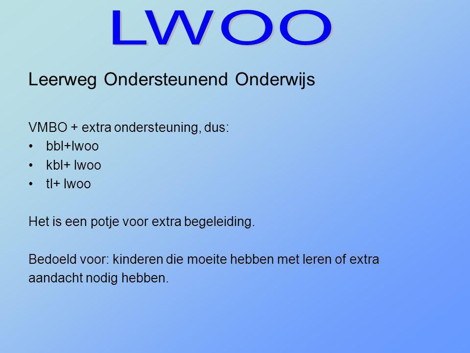 LWOO Leerweg Ondersteunend Onderwijs VMBO + extra ondersteuning, dus: