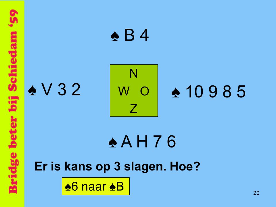 ♠ B 4 N W O Z ♠ V 3 2 ♠ ♠ A H 7 6 Er is kans op 3 slagen. Hoe ♠6 naar ♠B 20