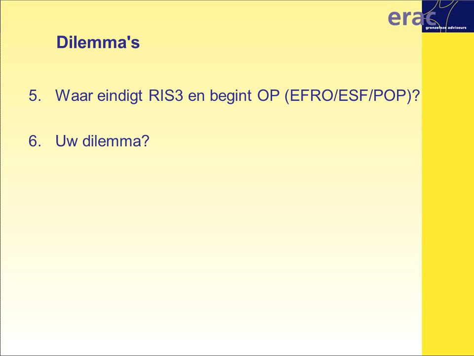 Dilemma s Waar eindigt RIS3 en begint OP (EFRO/ESF/POP) Uw dilemma