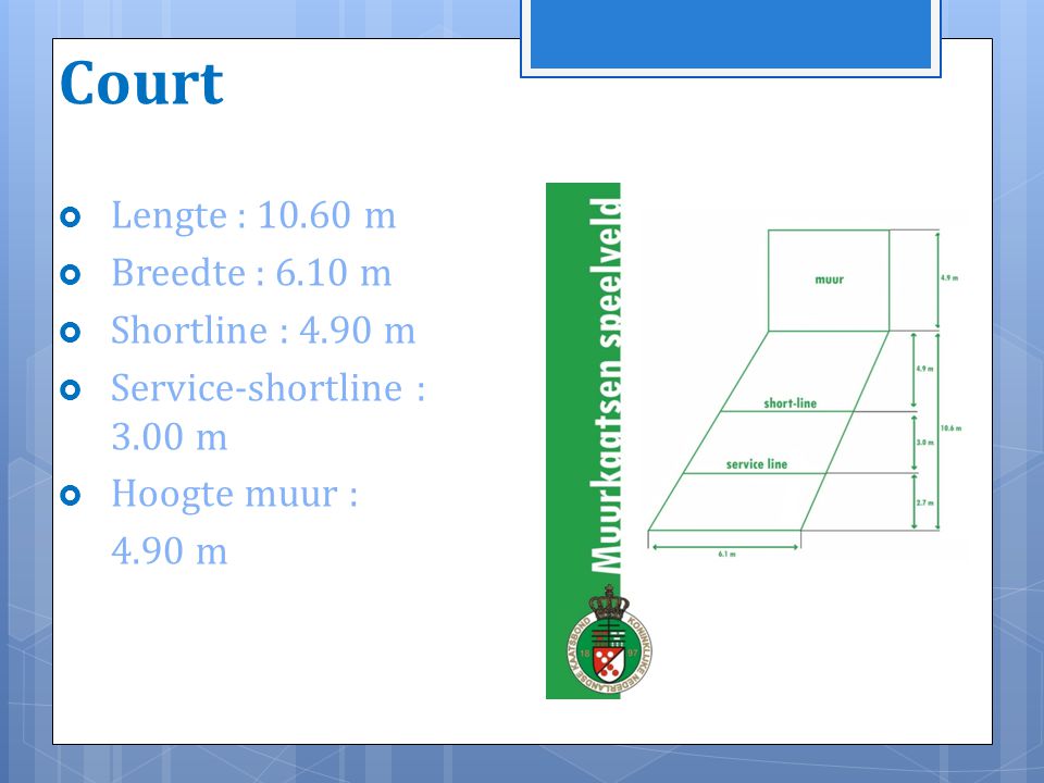 Court Lengte : m Breedte : 6.10 m Shortline : 4.90 m