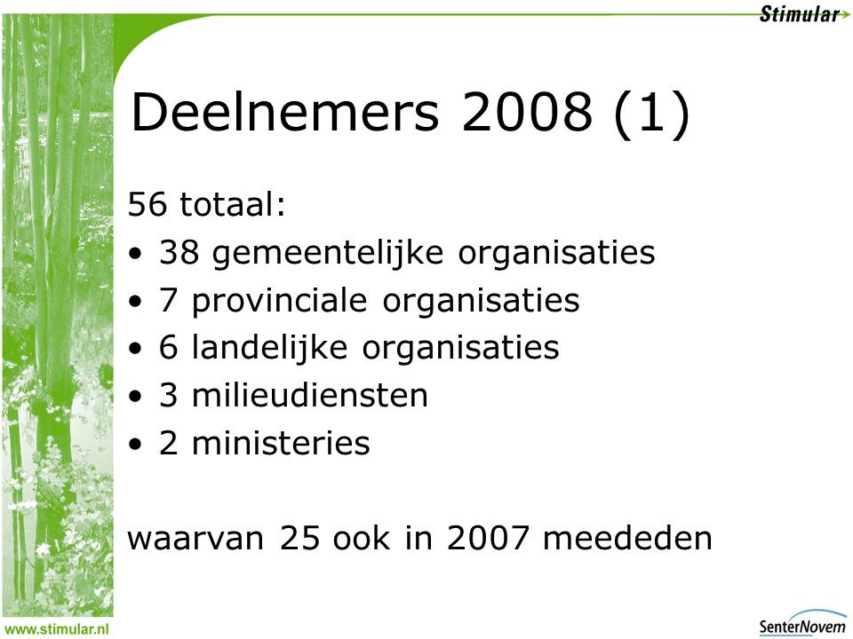 Deelnemers 2008 (1) 56 totaal: 38 gemeentelijke organisaties