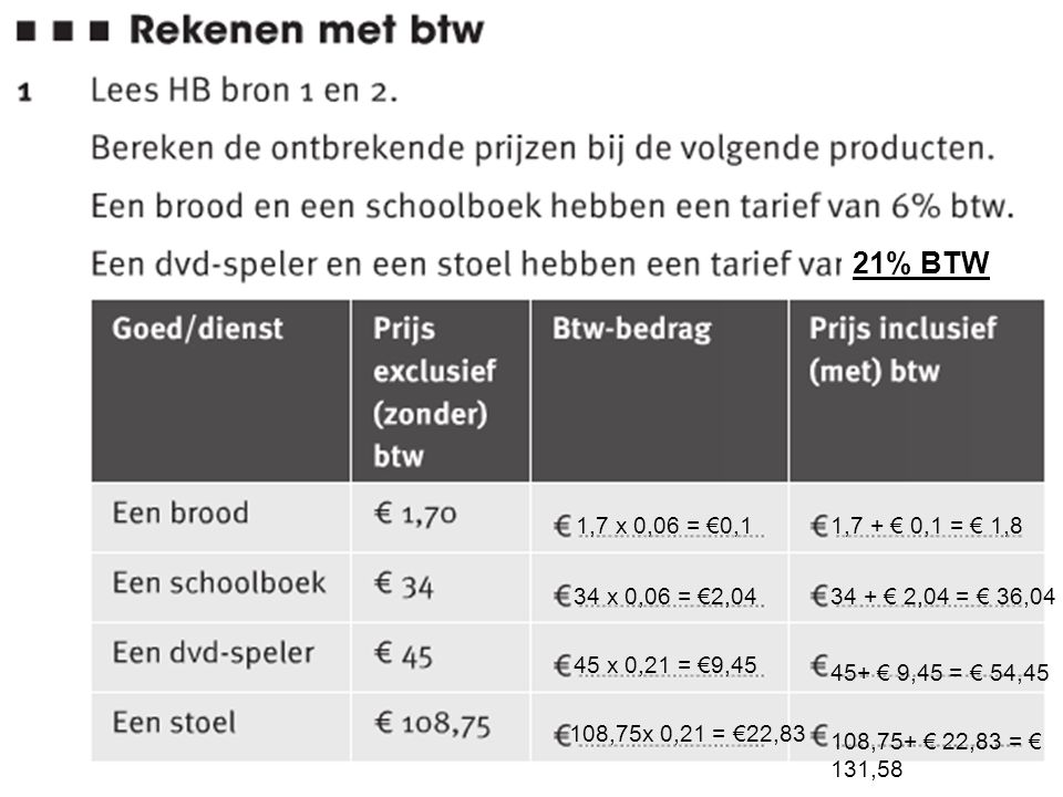 21% BTW 1,7 x 0,06 = €0,1. 1,7 + € 0,1 = € 1,8. 34 x 0,06 = €2, € 2,04 = € 36, x 0,21 = €9,45.