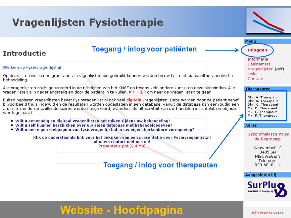 Website - Hoofdpagina Toegang / inlog voor patiënten