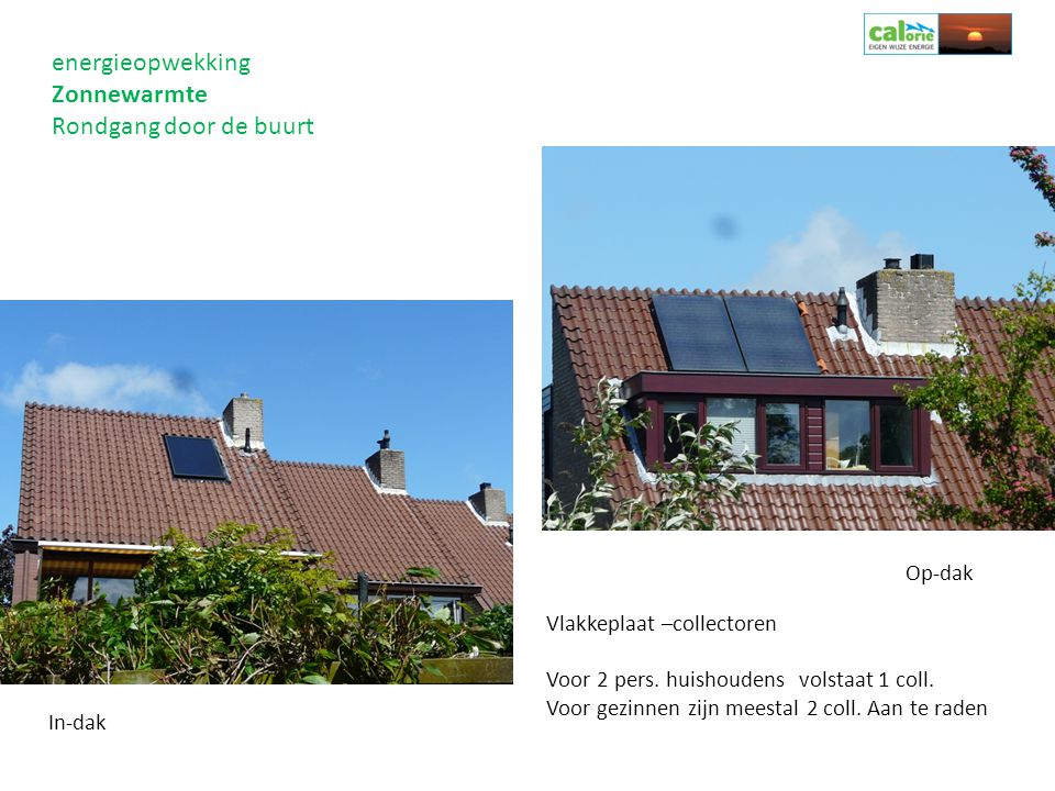 energieopwekking Zonnewarmte Rondgang door de buurt Op-dak
