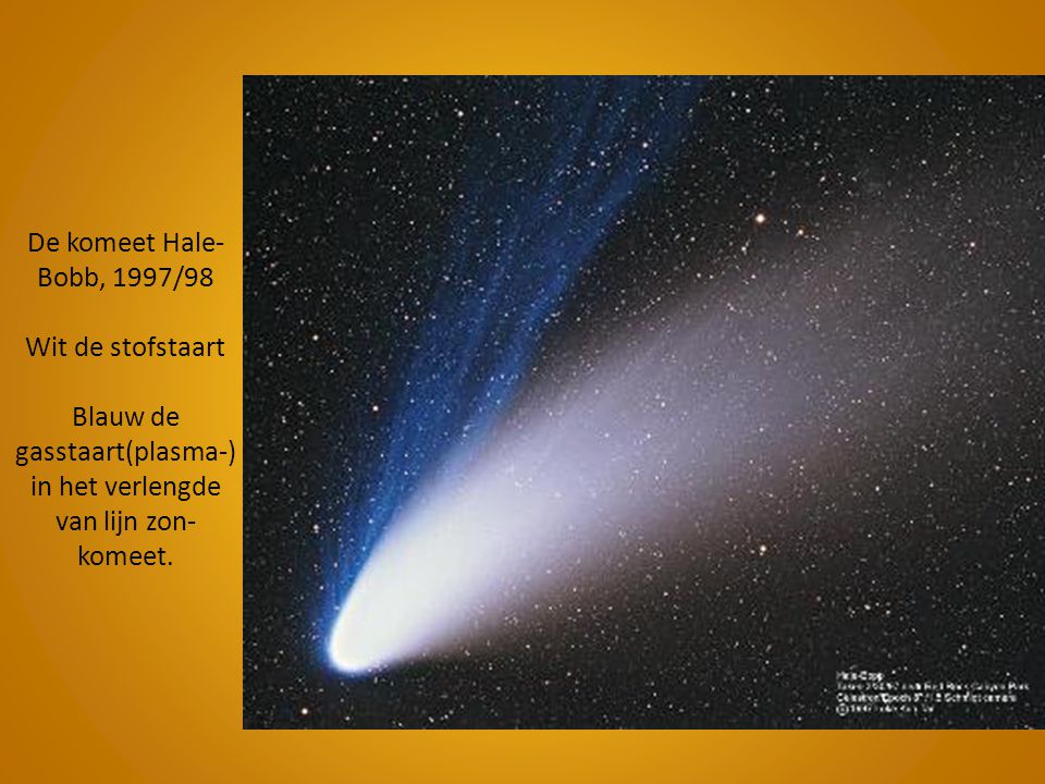De komeet Hale-Bobb, 1997/98 Wit de stofstaart Blauw de gasstaart(plasma-) in het verlengde van lijn zon-komeet.