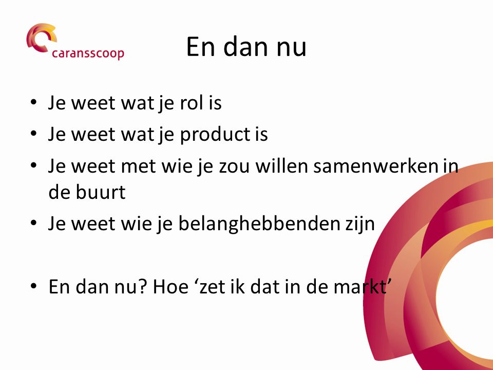 En dan nu Je weet wat je rol is Je weet wat je product is