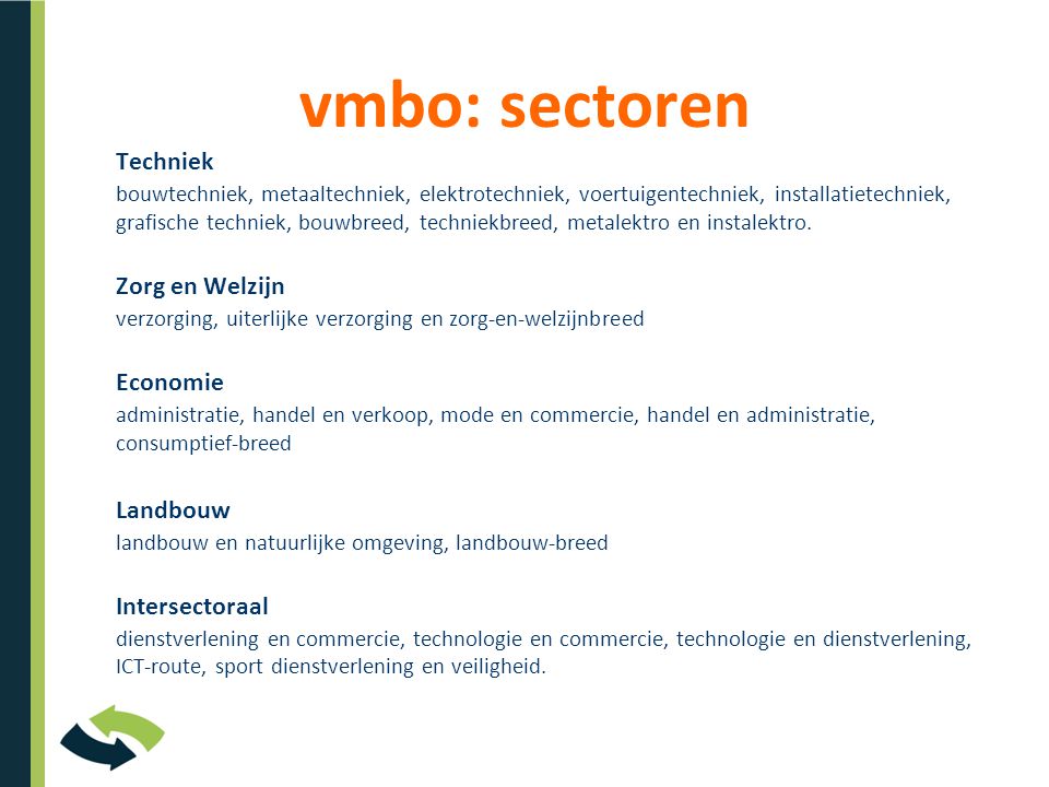 vmbo: sectoren Techniek Zorg en Welzijn Economie Landbouw