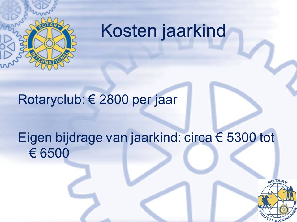 Kosten jaarkind Rotaryclub: € 2800 per jaar
