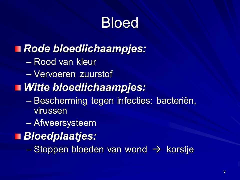 Bloed Rode bloedlichaampjes: Witte bloedlichaampjes: Bloedplaatjes:
