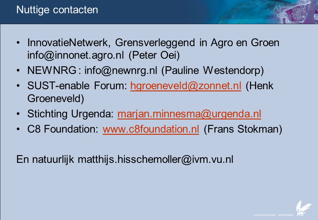 Nuttige contacten InnovatieNetwerk, Grensverleggend in Agro en Groen (Peter Oei)