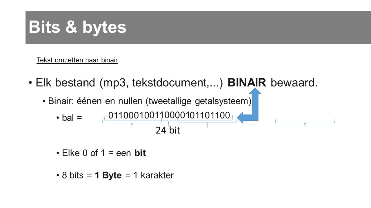 Bits & bytes Elk bestand (mp3, tekstdocument,...) BINAIR bewaard. b a