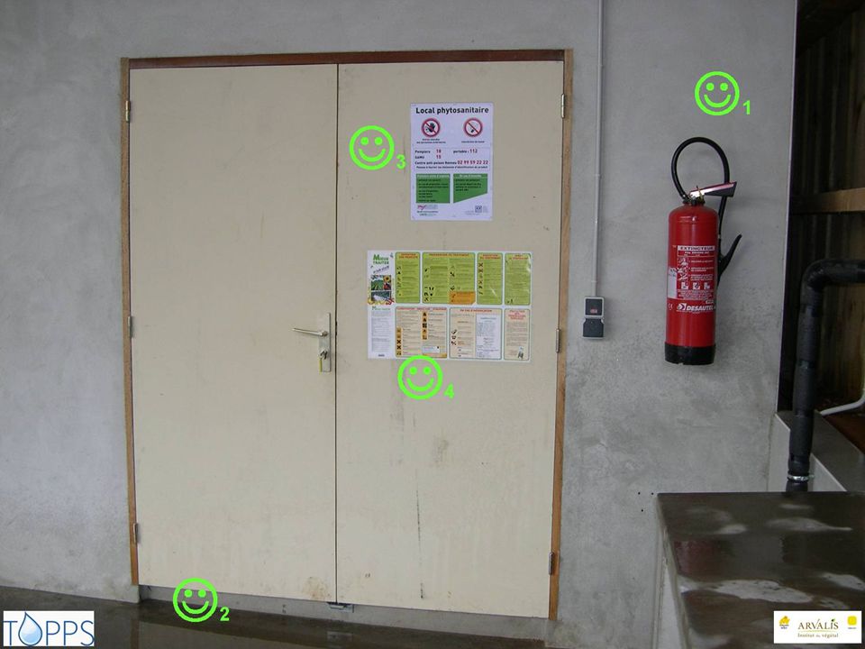 1: Fire extinguisher 2: Barrier to prevent spills leacking out of the storage room. 3: Emergency telephone numbers.