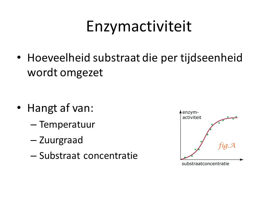 Enzymactiviteit Hoeveelheid substraat die per tijdseenheid wordt omgezet. Hangt af van: Temperatuur.