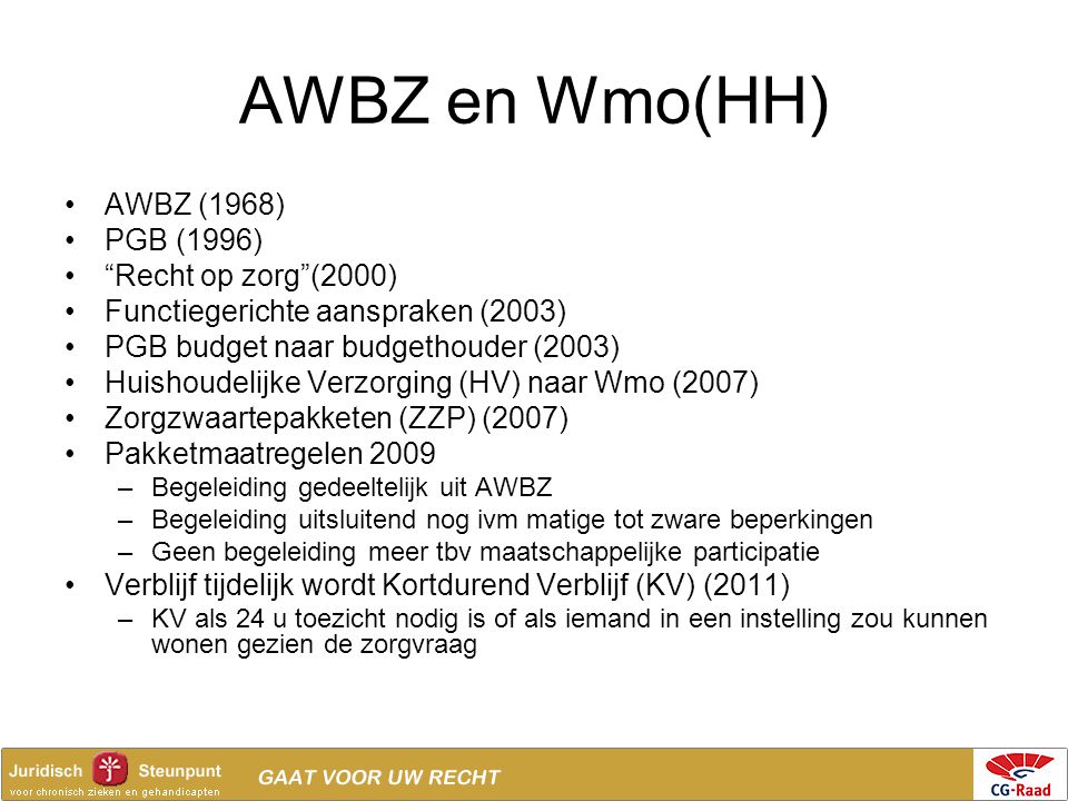 AWBZ en Wmo(HH) AWBZ (1968) PGB (1996) Recht op zorg (2000)