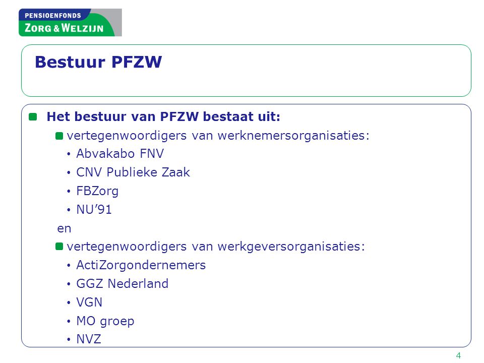 Bestuur PFZW Het bestuur van PFZW bestaat uit: