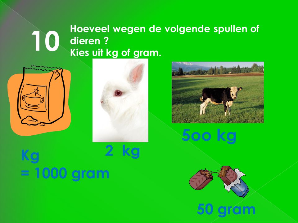 10 Hoeveel wegen de volgende spullen of dieren Kies uit kg of gram. 5oo kg. 2 kg. Kg. = 1000 gram.