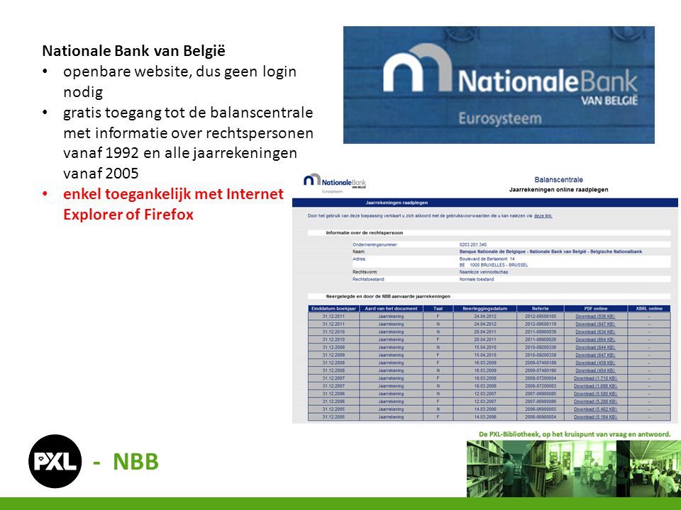 - NBB Nationale Bank van België openbare website, dus geen login nodig